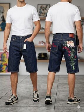 Evisu Heritage Y2K  Blue Denim Shorts With Cherry Graphic Embroidered Size 38